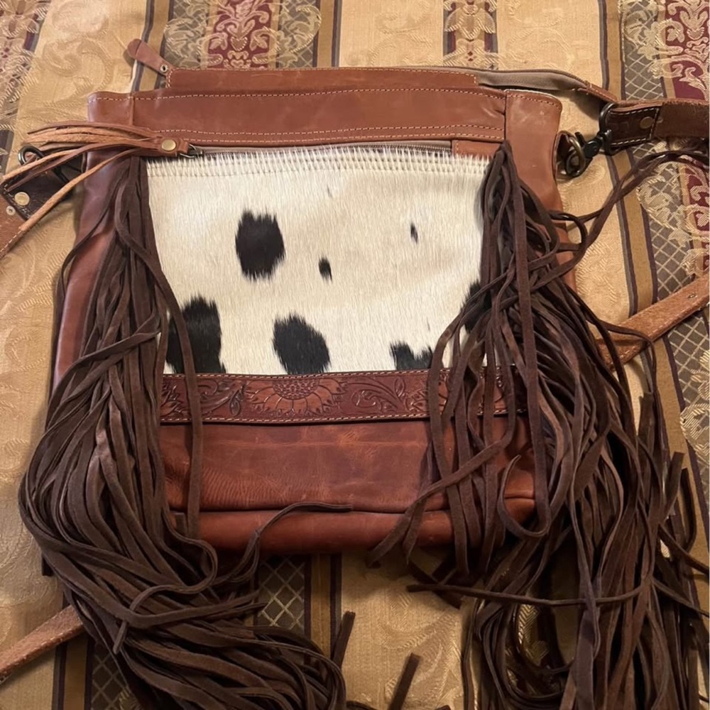 Myra Bag Brown and White Crossbody with Fringe